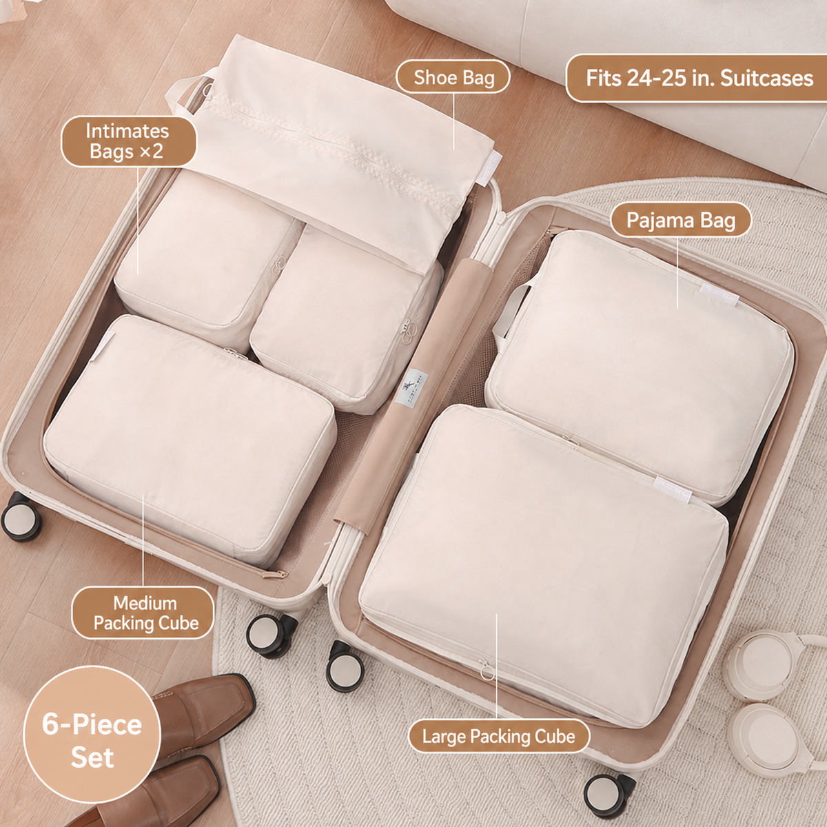 6-Piece Travel Packing Cube Set in Beige